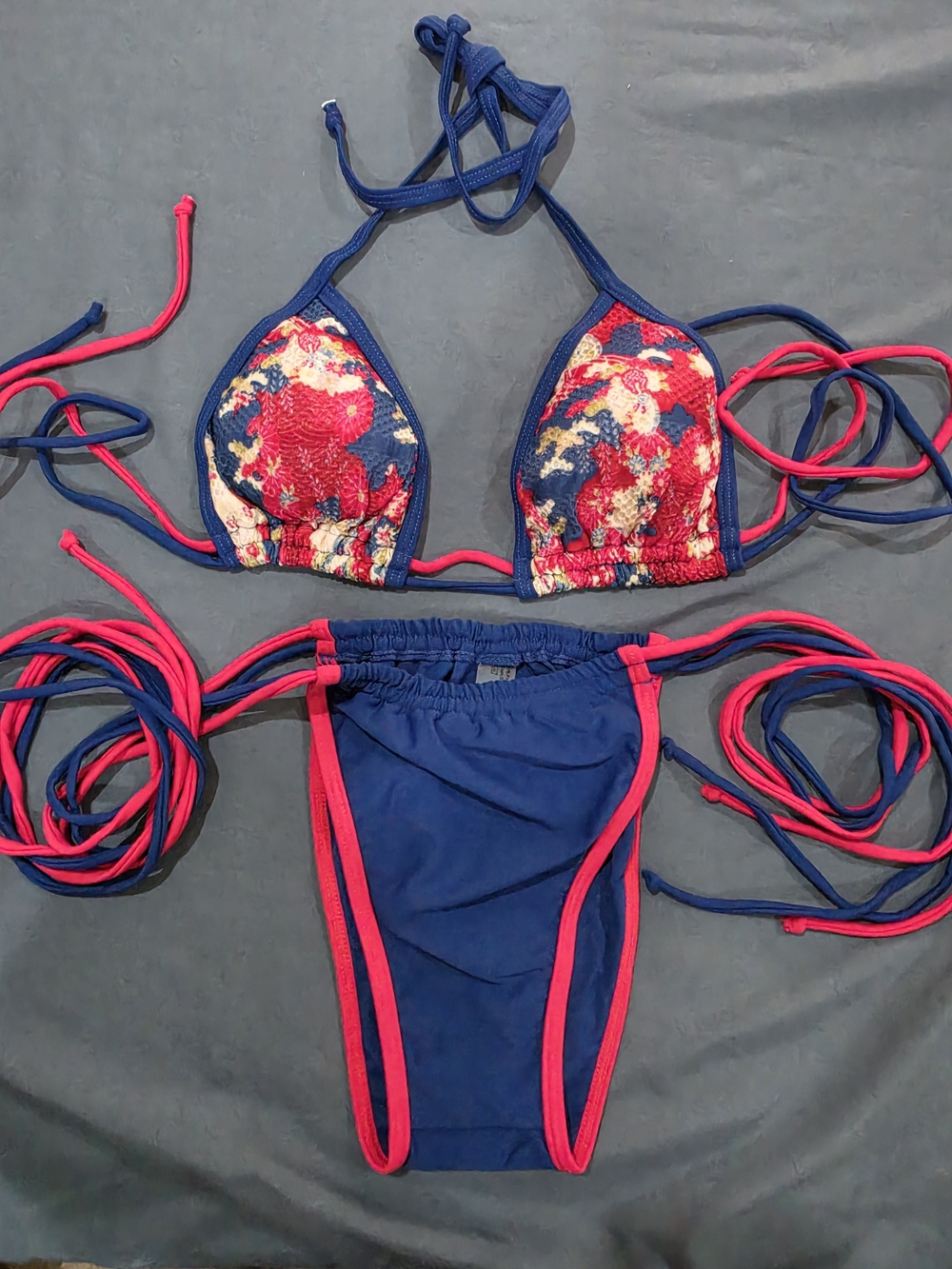 Navy Blue & Hot Pink Floral Triangle Bikini Size Large